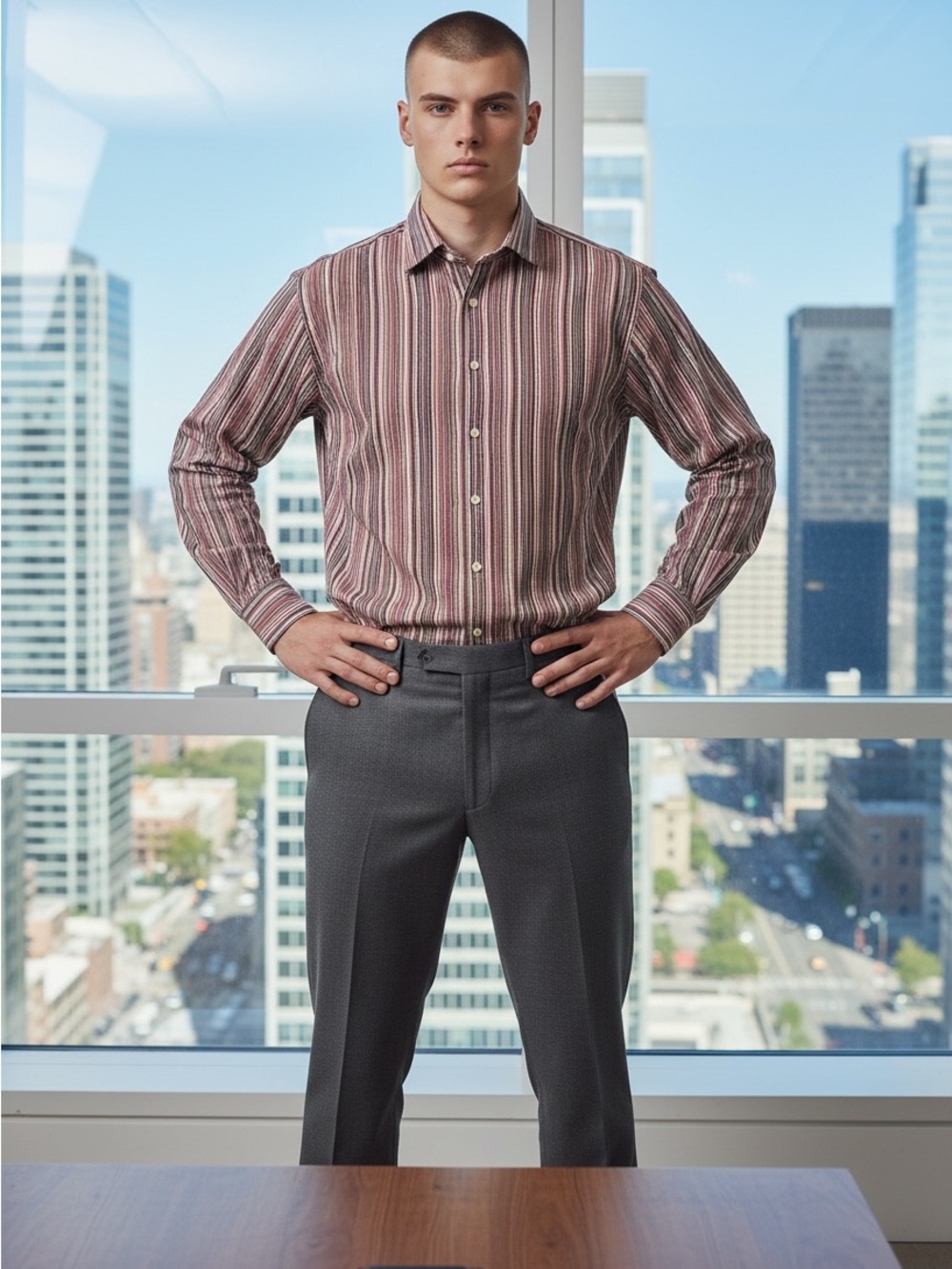 Thomas Dean Striped Button-Down Shirt, black/grey, mauve/burgundy, LT- GL